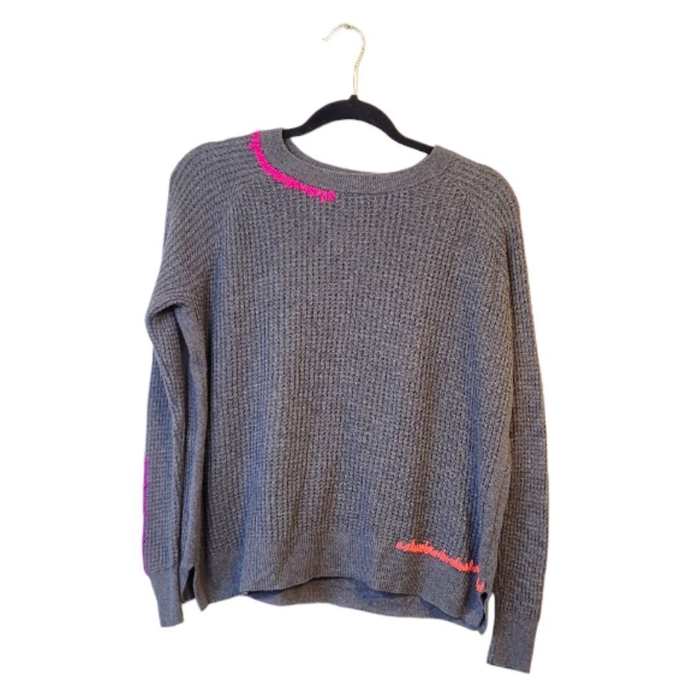 Lisa Todd Gray Knit Crewneck Sweater with Pink Accents